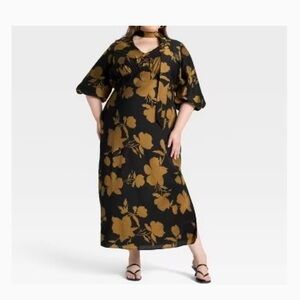 A New Day Black Brown Floral Print Maxi Dress Neck Tie Balloon Sleeves NEW - 3X